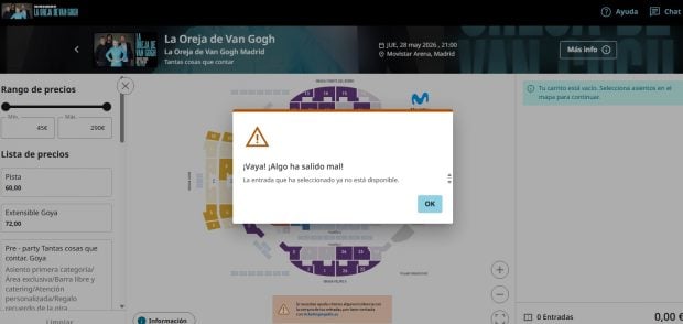 Mensaje de error de la venta de entradas de La Oreja de Van Gogh (Captura de pantalla).