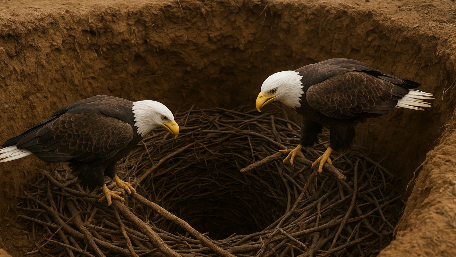 Recreación artística de 2 águilas construyendo un nido.