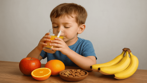 Recreación artística de un niño bebiendo un zumo.