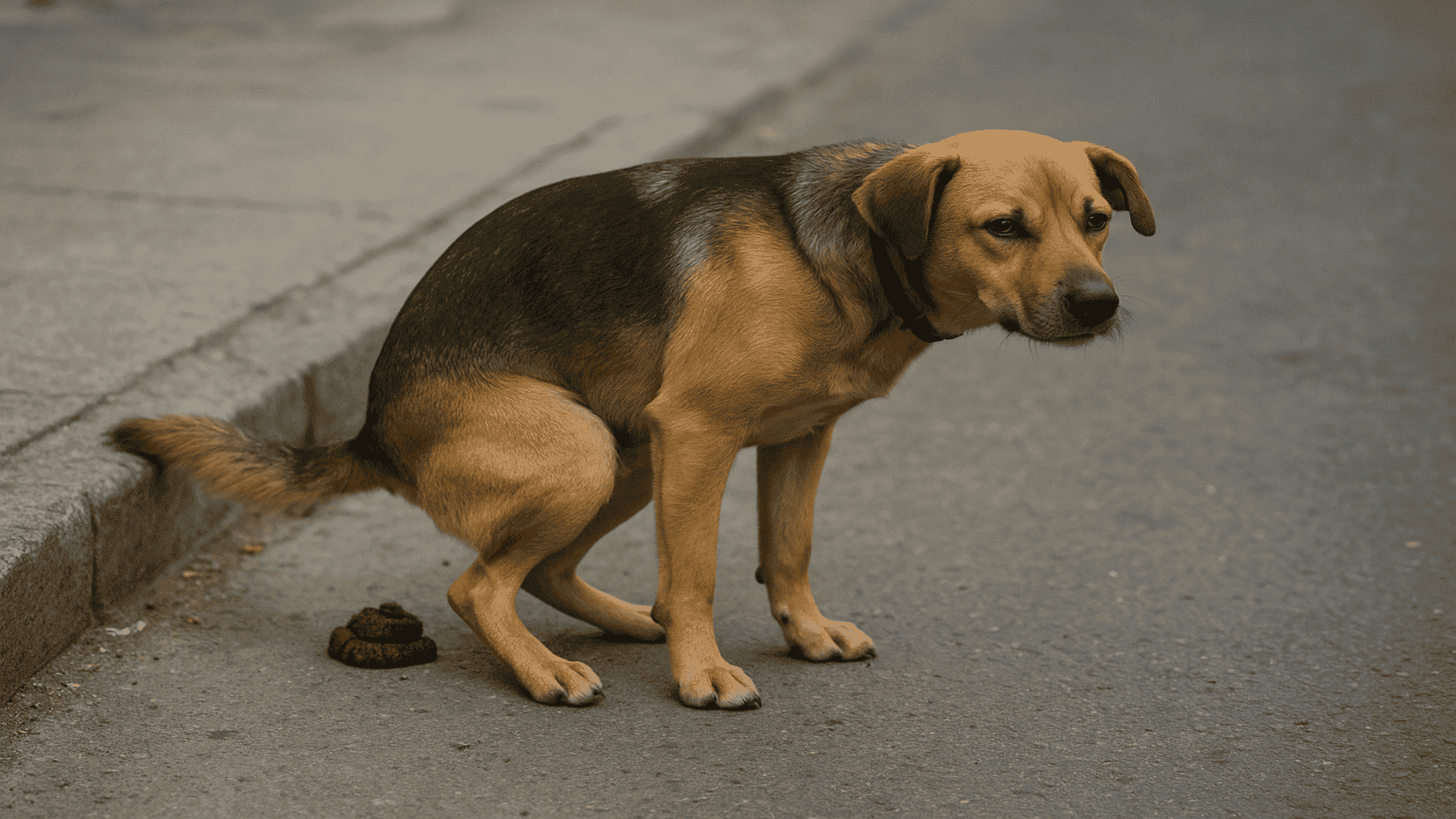 Recreación artística de un perro depositando heces en la calle.