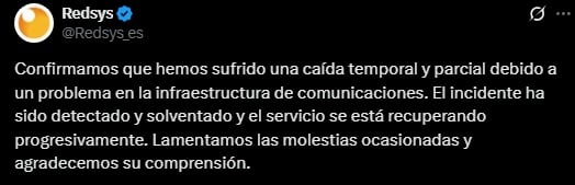 Comunicado de Redsys que explica el fallo a la hora de pagar con tarjetas de crédito y débito (X).