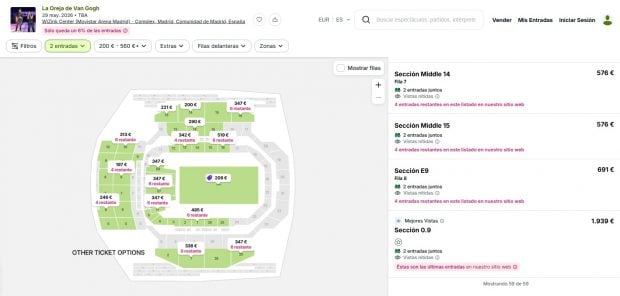 Captura de la web Viagogo con anuncios de reventa de entradas de la gira de La Oreja de Van Gogh.