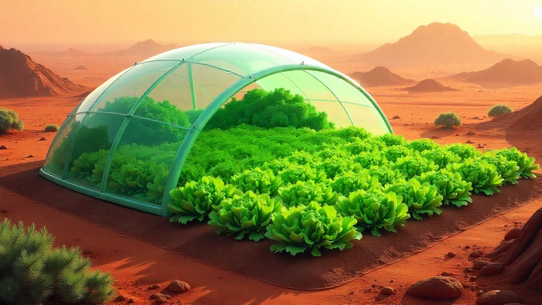 Recreación artística de lechugas cultivándose en Marte.