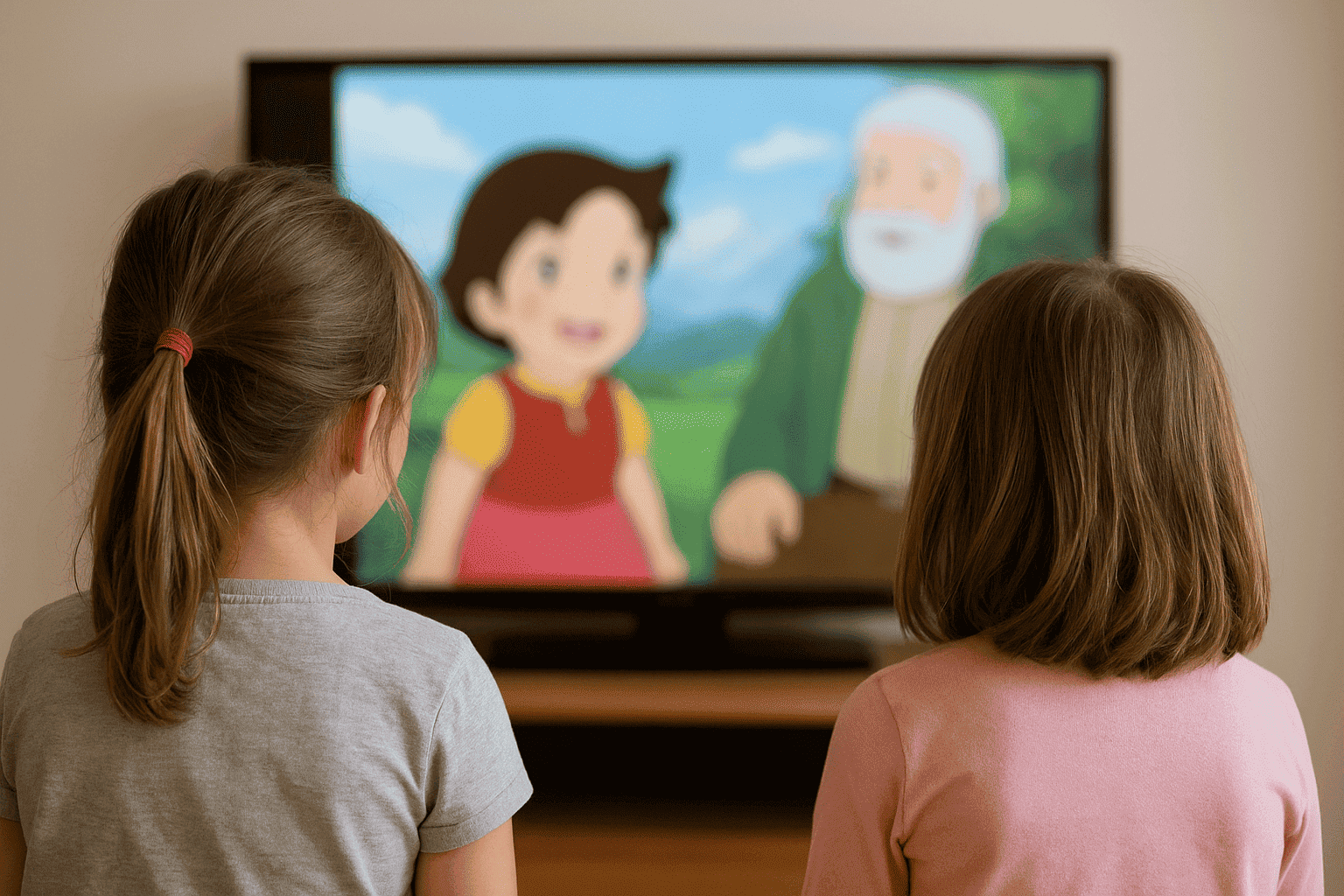 Recreación artística de dos niñas viendo Heidi.