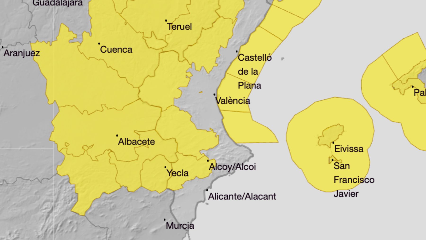 Alerta amarilla por viento en la Comunidad Valenciana. (Foto: AEMET)