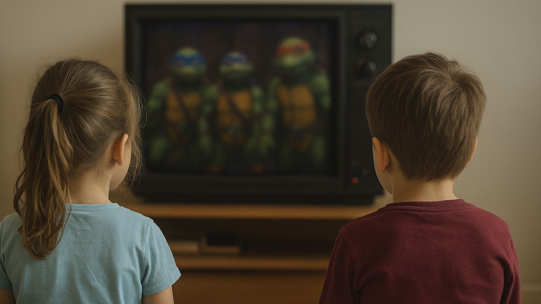 Recreación artística de dos niños viendo las Tortugas Ninja.