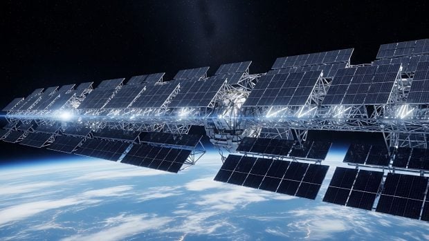 Estación de energía solar orbitando la Tierra para producir electricidad limpia. Generado por IA. 