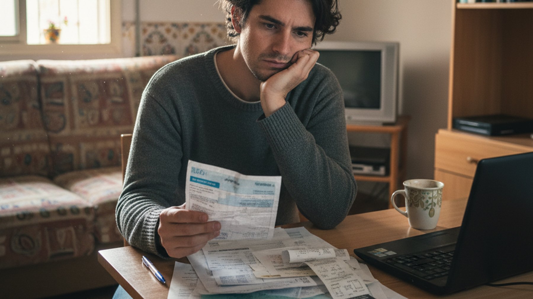 Hombre de clase media revisando facturas. Foto: ilustración propia.