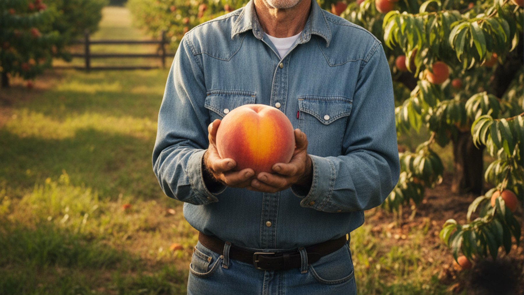 Ilustración ficticia de un agricultor con un melocotón gigante. Foto: ilustración propia.