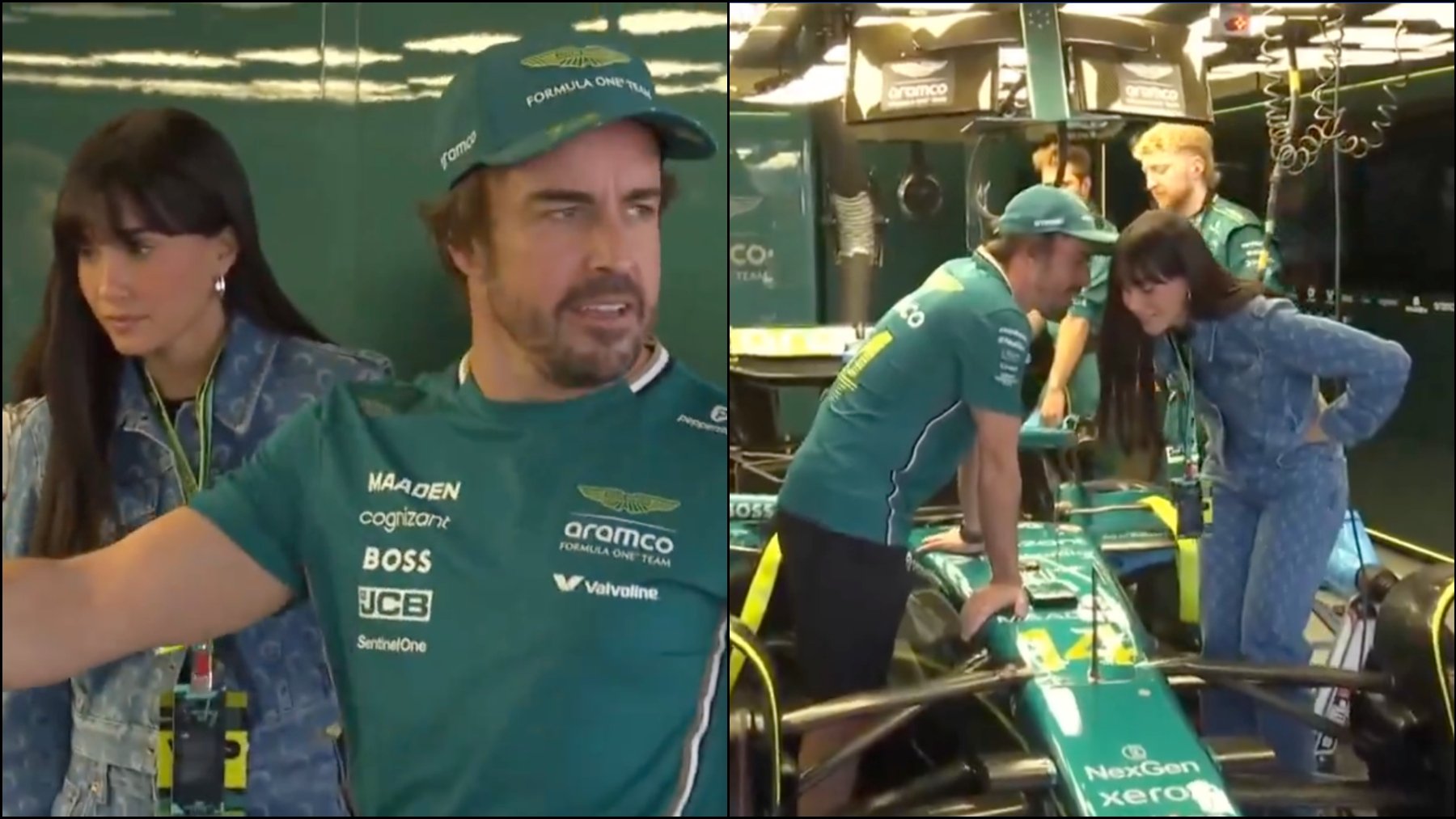 Alonso y Aitana en el garaje de Aston Martin.