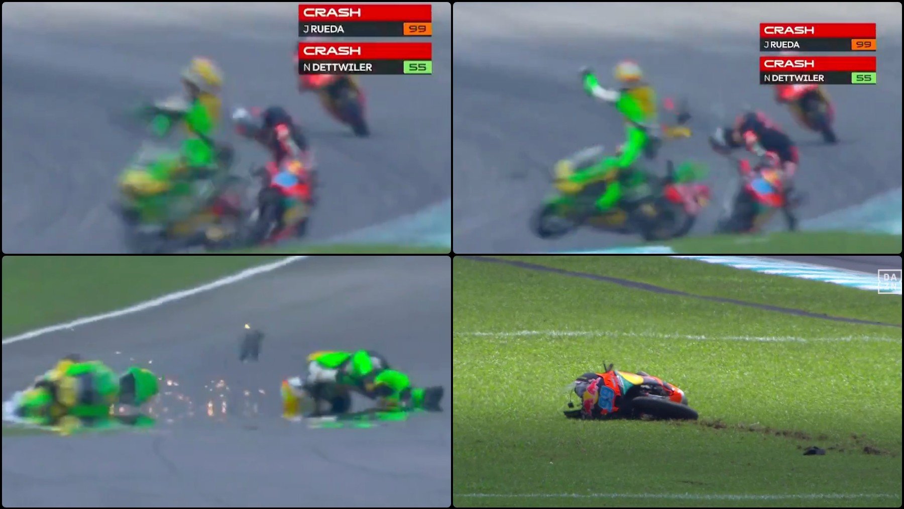 Así fue el fuerte accidente entre Rueda y Dettwiler en la vuelta de calentamiento.