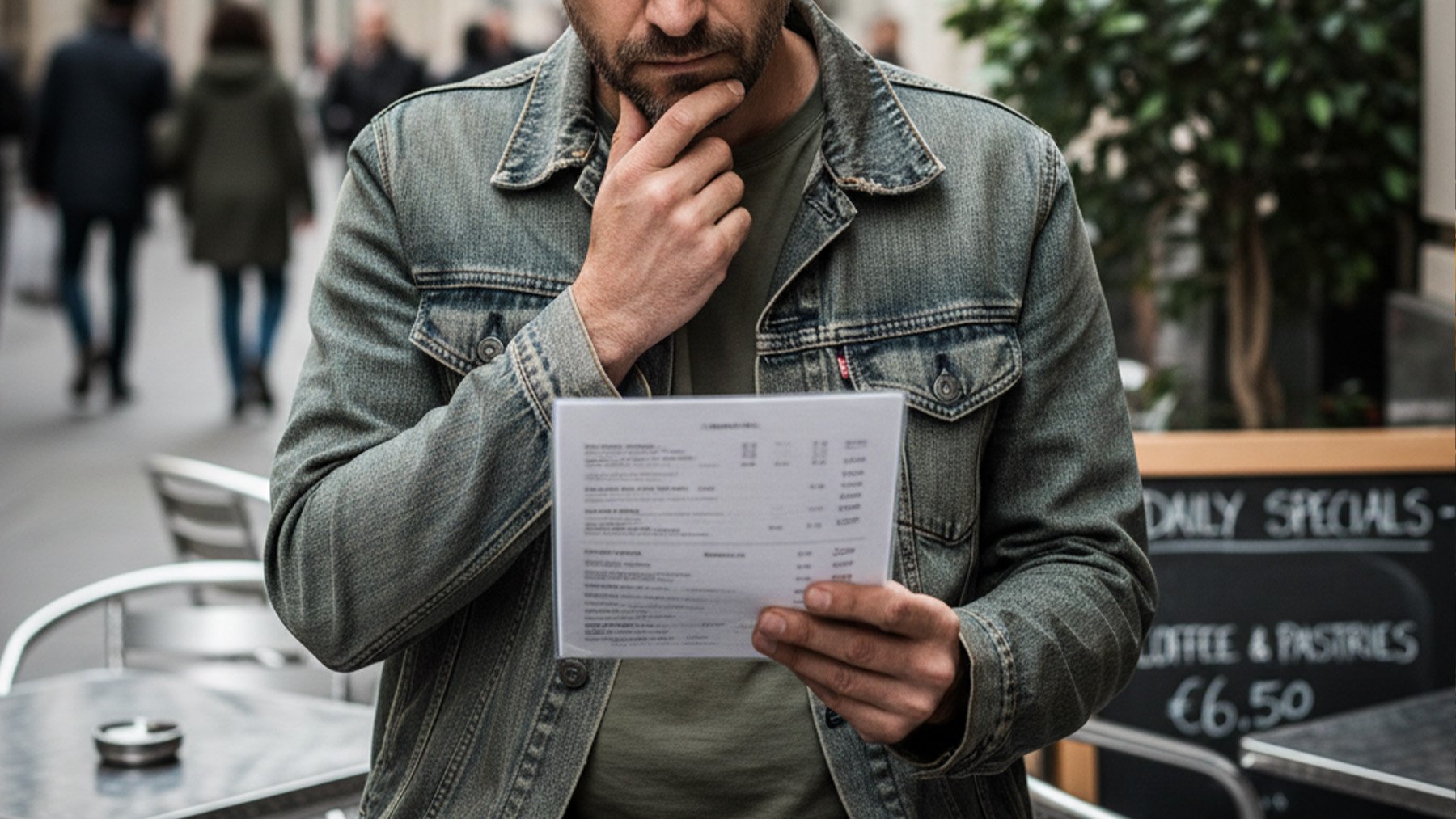 Persona de clase media analizando la carta de un bar. Foto: ilustración propia.