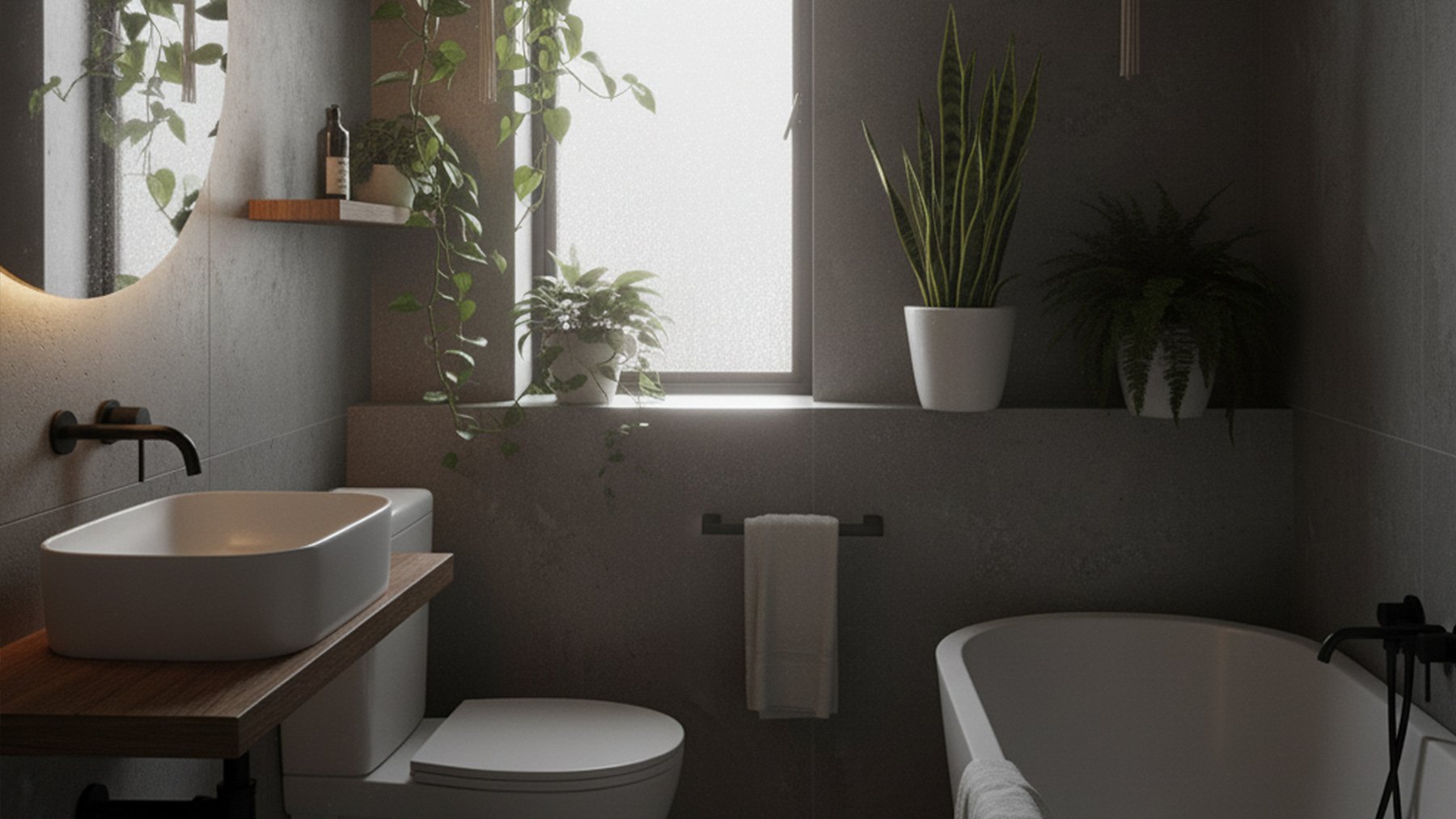 Baño oscuro con plantas. Foto: ilustración propia.