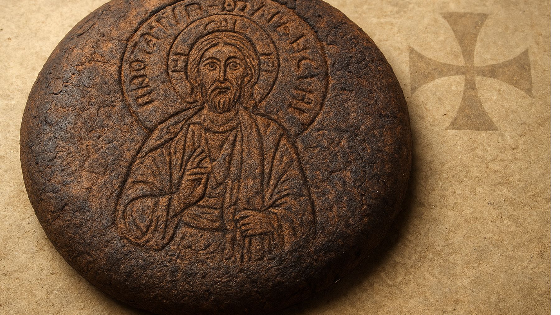 Recreación artística de Jesús en una hogaza de pan.