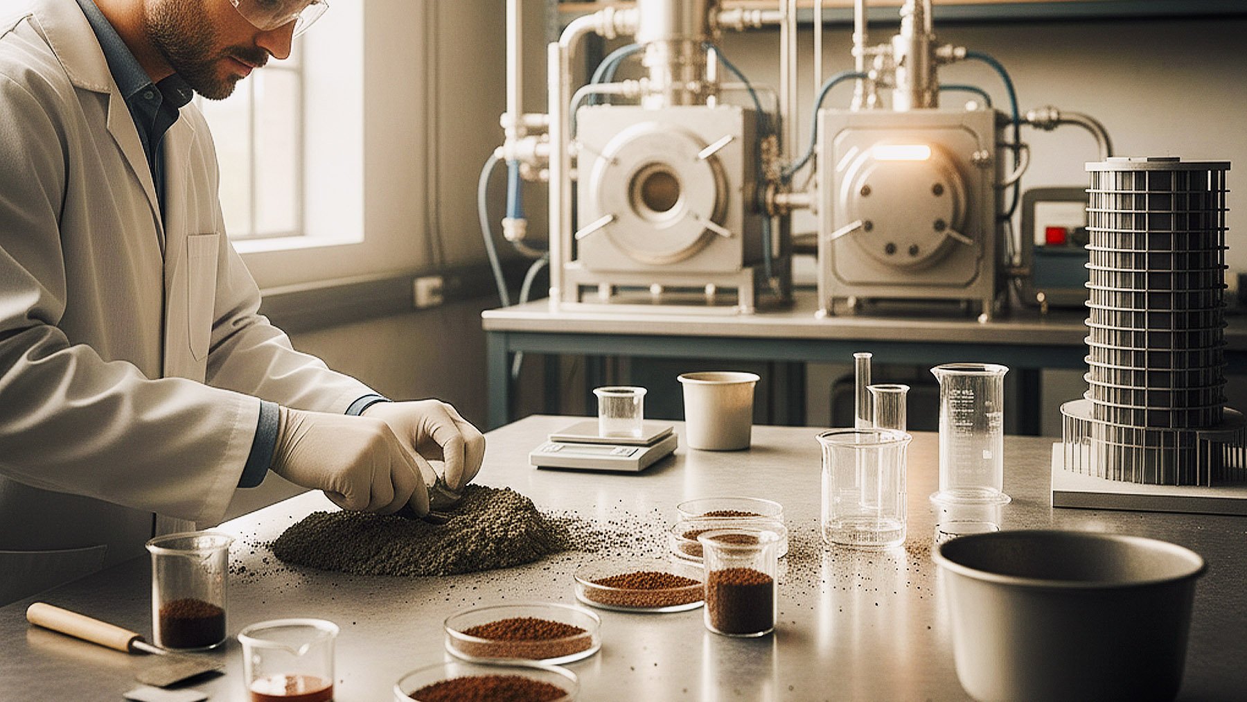 Científico mezclando café con hormigón. Foto: ilustración propia.