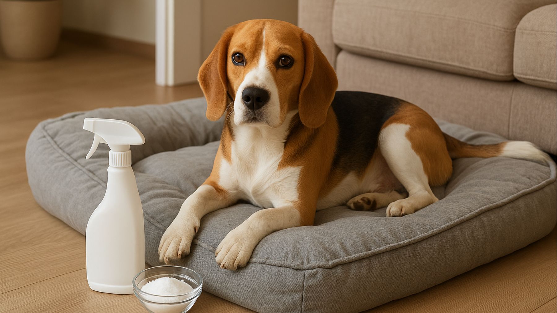 Recreación artística de un beagle y productos de limpieza.