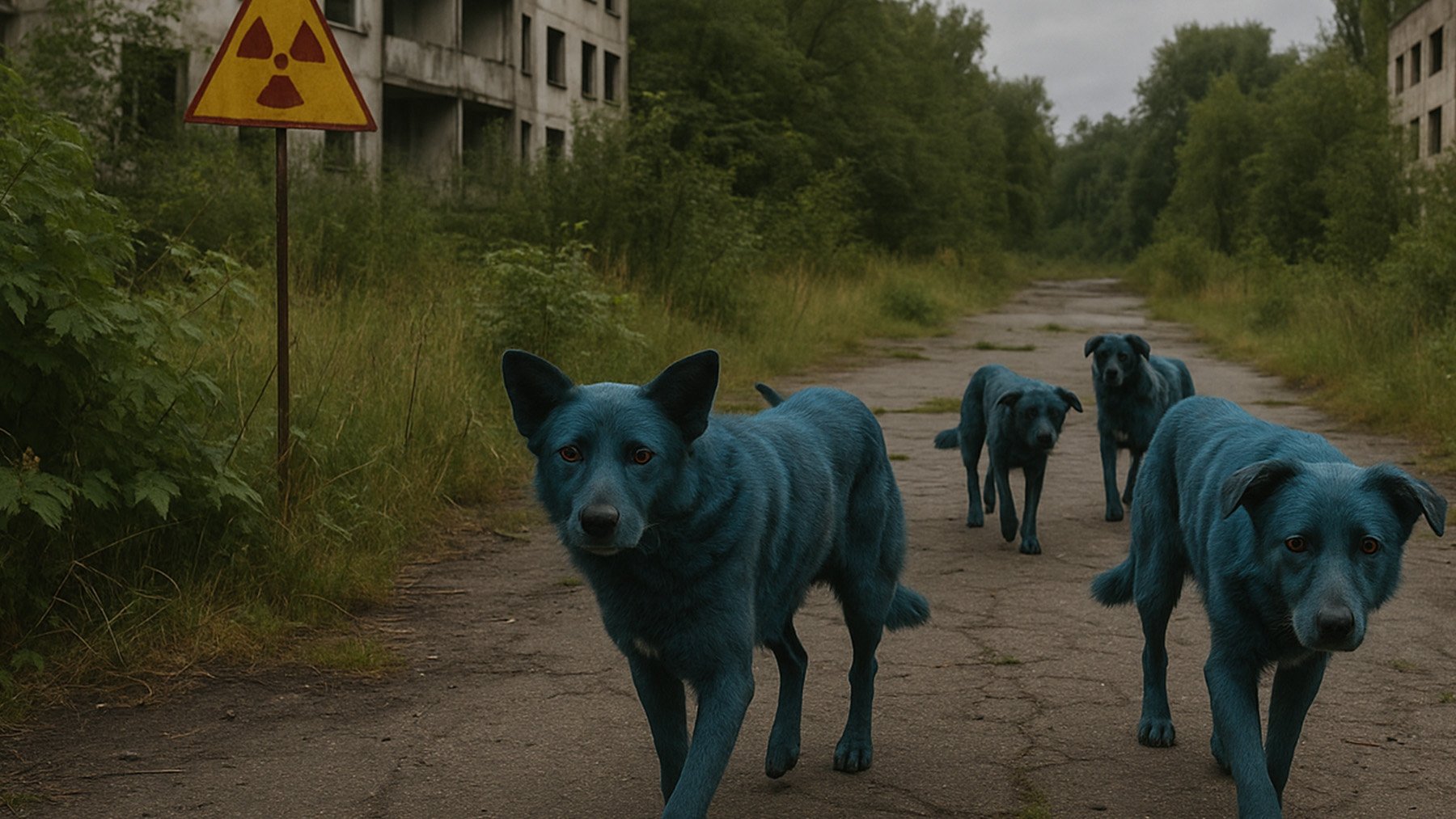 Perros de color azul en Chernóbil. Foto: ilustración propia.