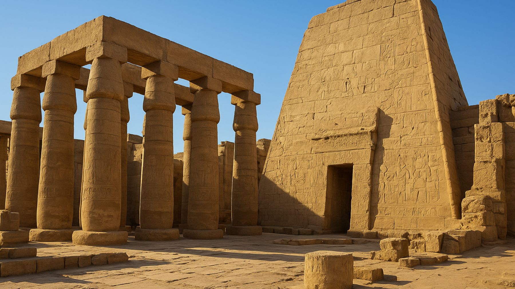 Recreación artística de un templo de Egipto.