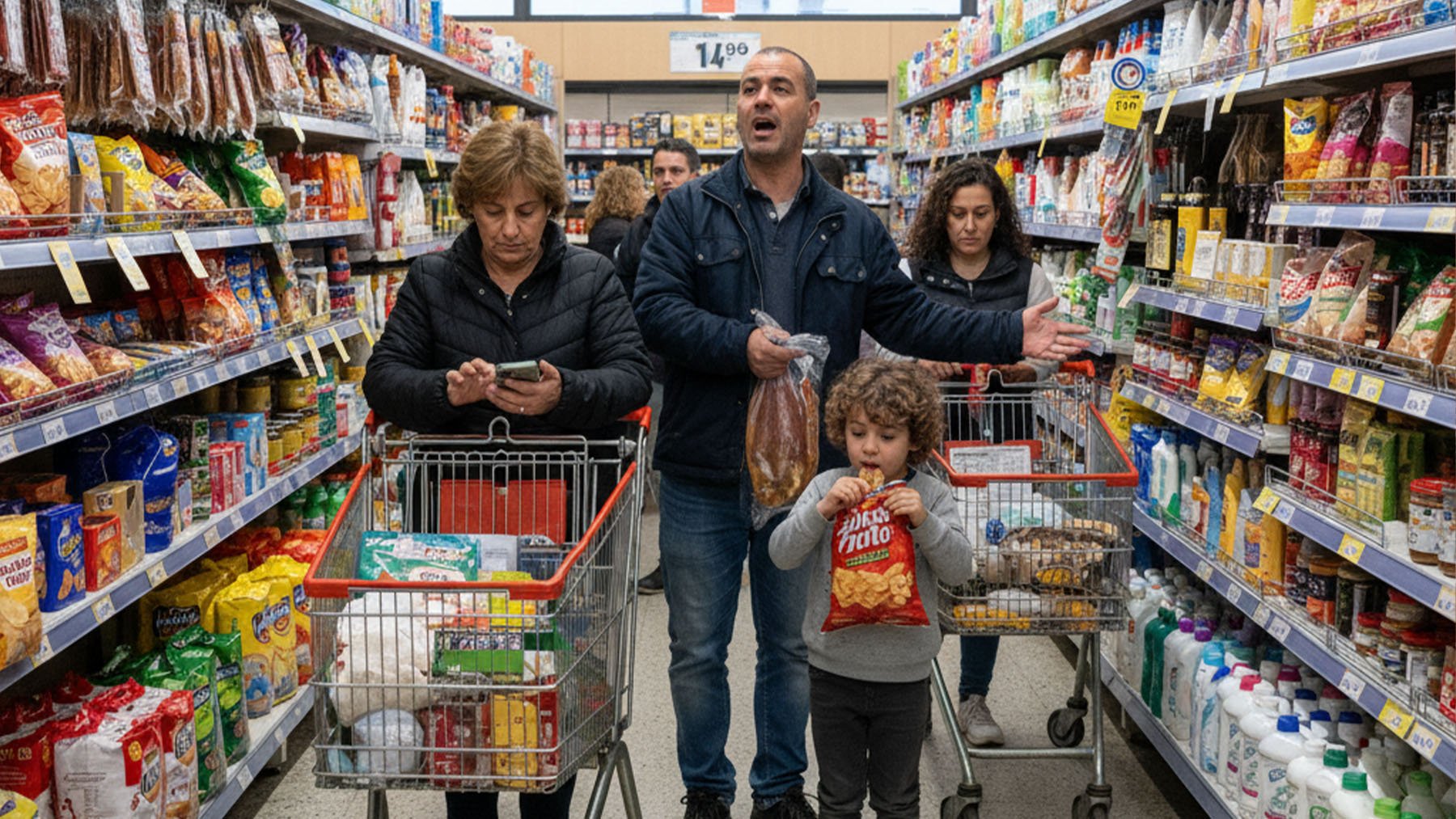 Familias de clase media en un supermercado. Foto: ilustración propia.