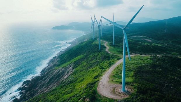 Parque eólico en la costa. Generado por IA. 