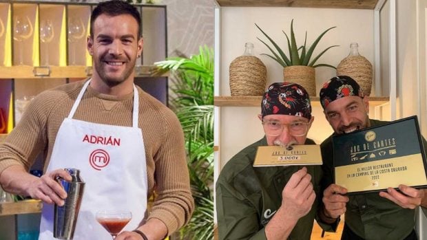 Adrián, la izquierda en MasterChef, a la derecha celebrando su victoria en Joc de Cartes (RTVE/Instagram).