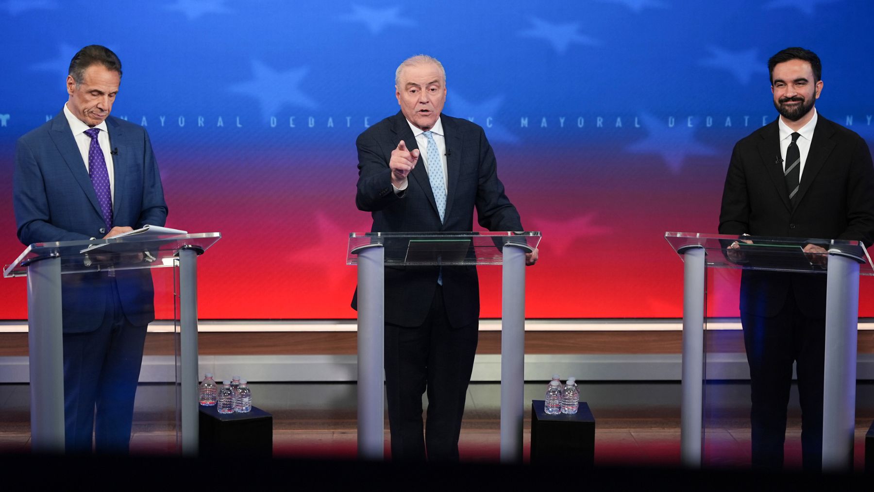Andrew Cuomo, Curtis Sliwa y Zohran Mamdani. (Getty)