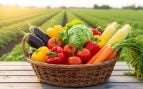 Verduras recién cosechadas en una cesta de mimbre sobre una mesa de madera con un exuberante campo verde al fondo. Generado por IA.