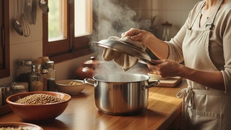 Mujer cocinando lentejas. Foto: ilustración propia.