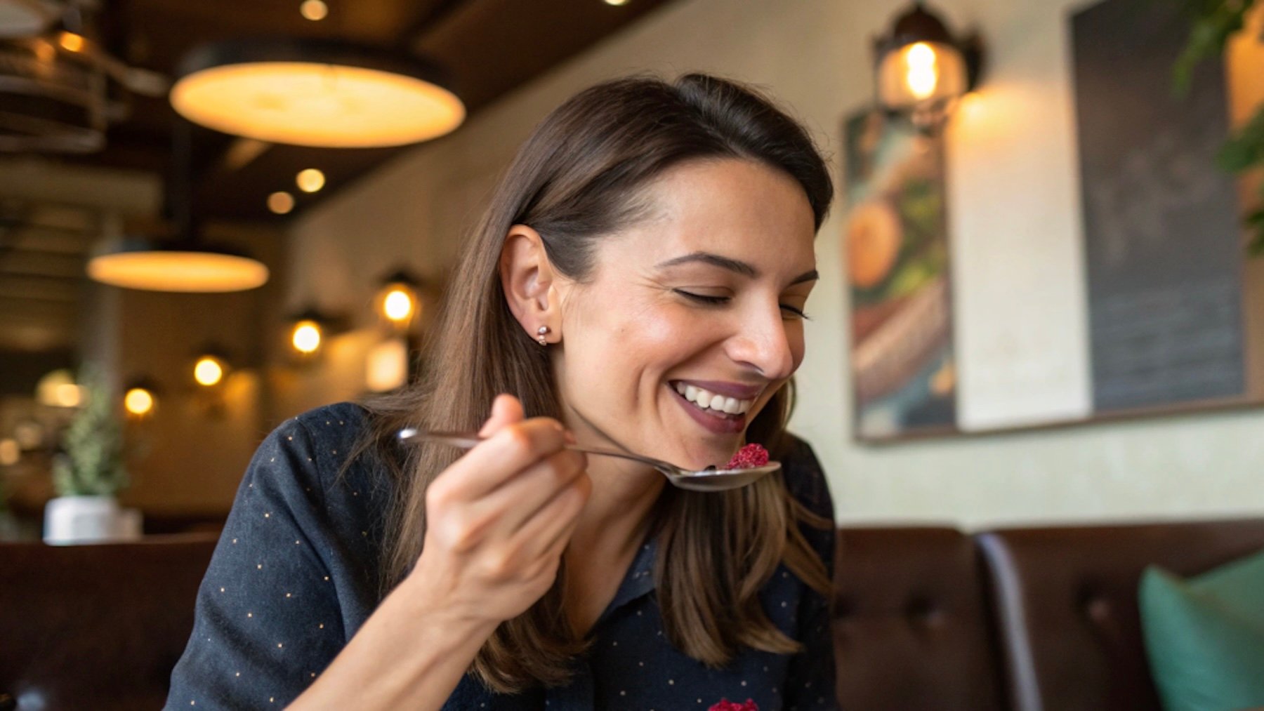 Recreación de una mujer comiendo un postre.