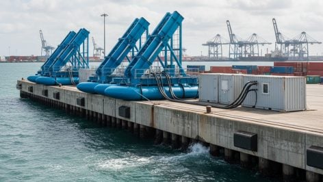 Ilustración ficticia de un sistema de energía de olas instalado en un puerto. Foto: ilustración propia.