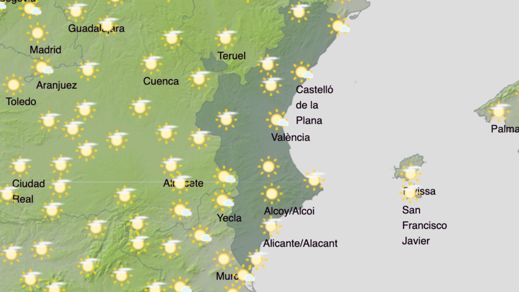 El mapa del tiempo en la Comunidad Valenciana. (Foto: AEMET)