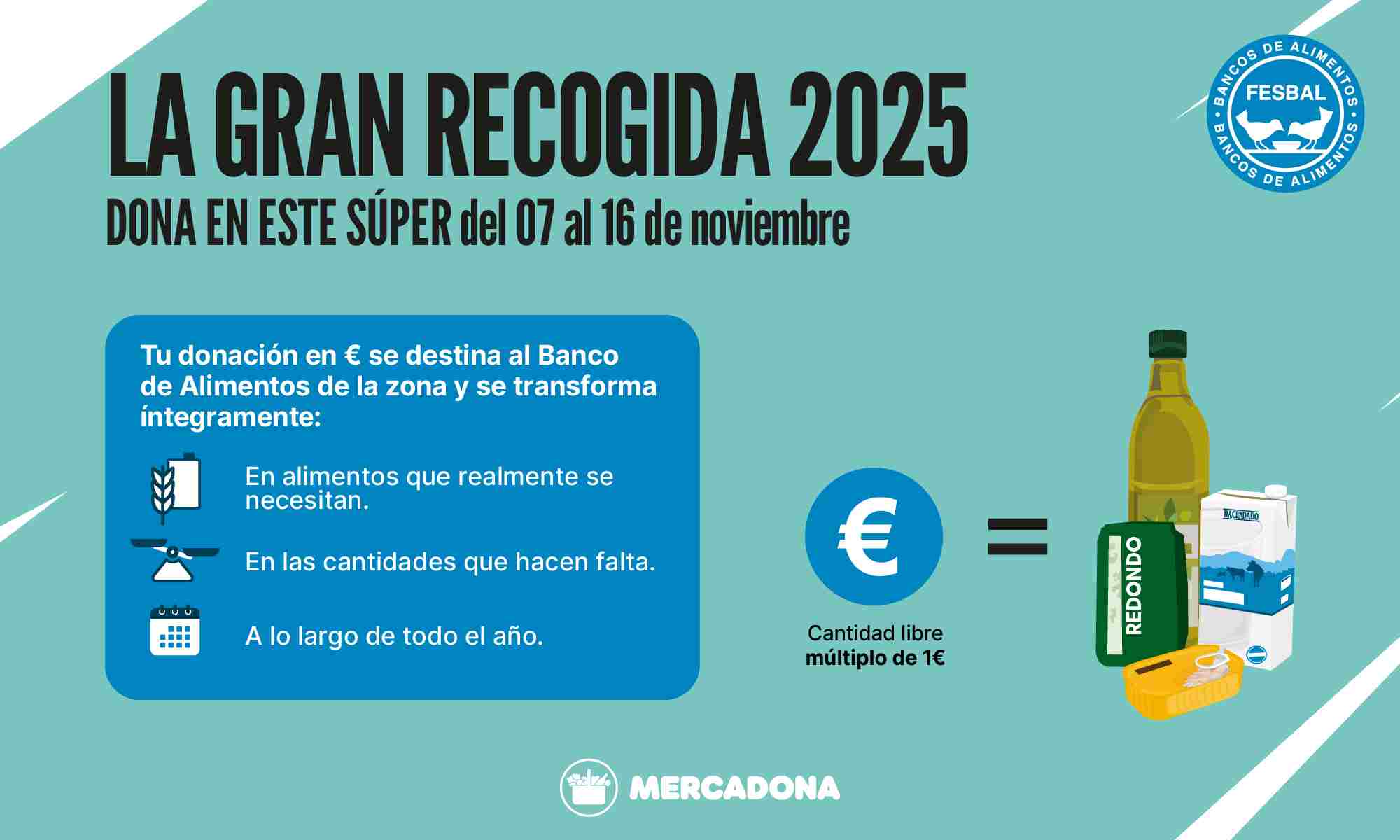Mercadona se suma un año más a la Gran Recogida de Alimentos organizada por los Bancos de Alimentos.