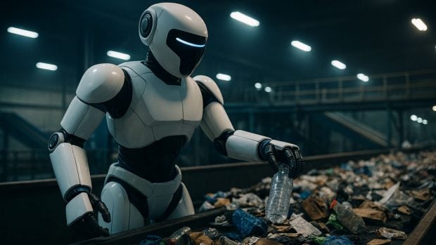 La combinaci&oacute;n de inteligencia artificial y rob&oacute;tica puede ser clave para avanzar en el reciclaje de residuos. Generado por IA.