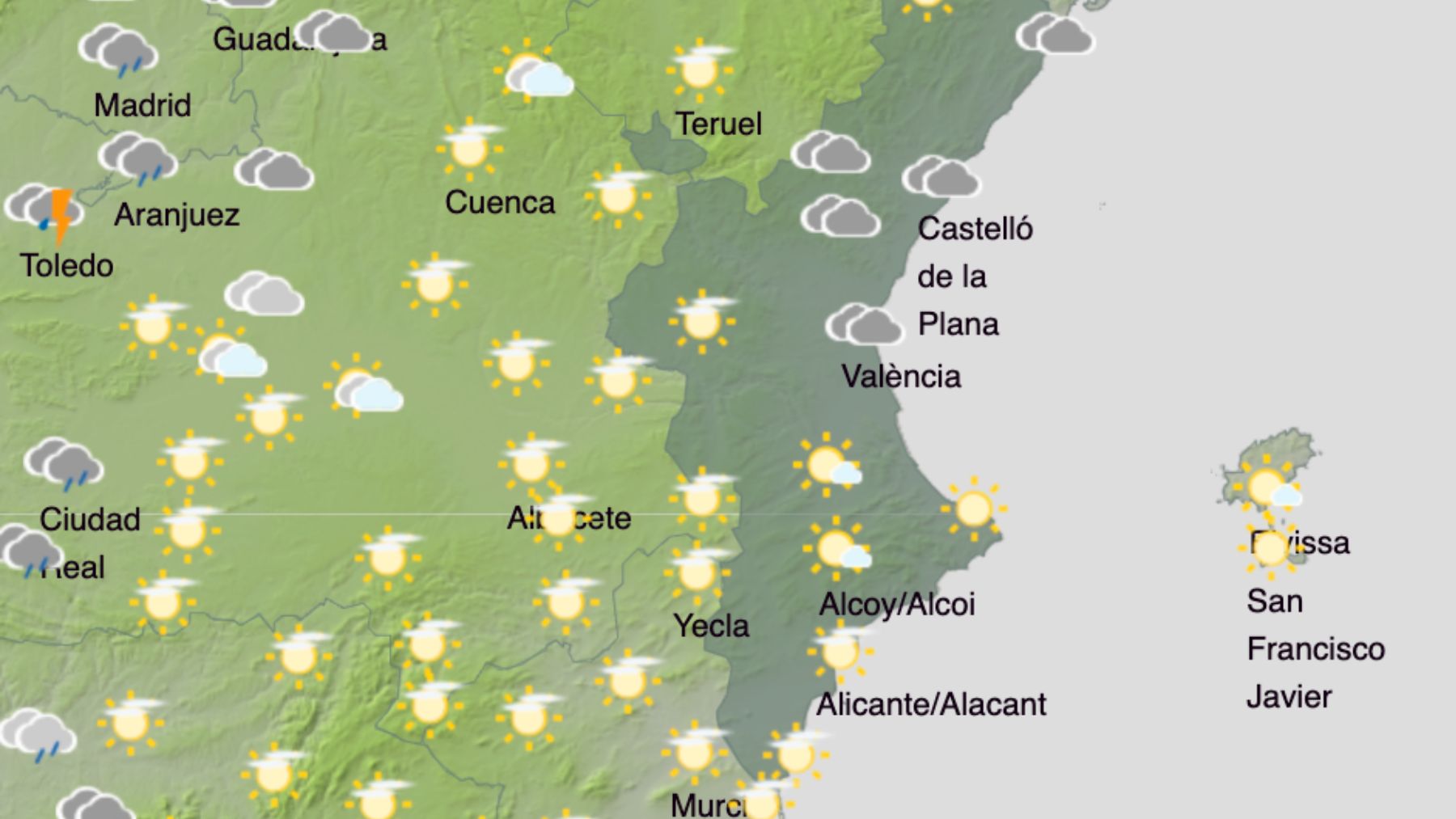 El mapa del tiempo en la Comunidad Valenciana. (Foto: AEMET)