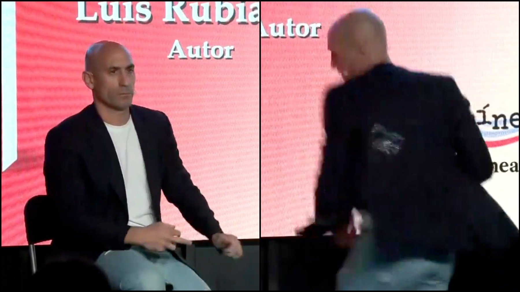 Luis Rubiales recibe un huevazo en la espalda en la presentación de su libro.