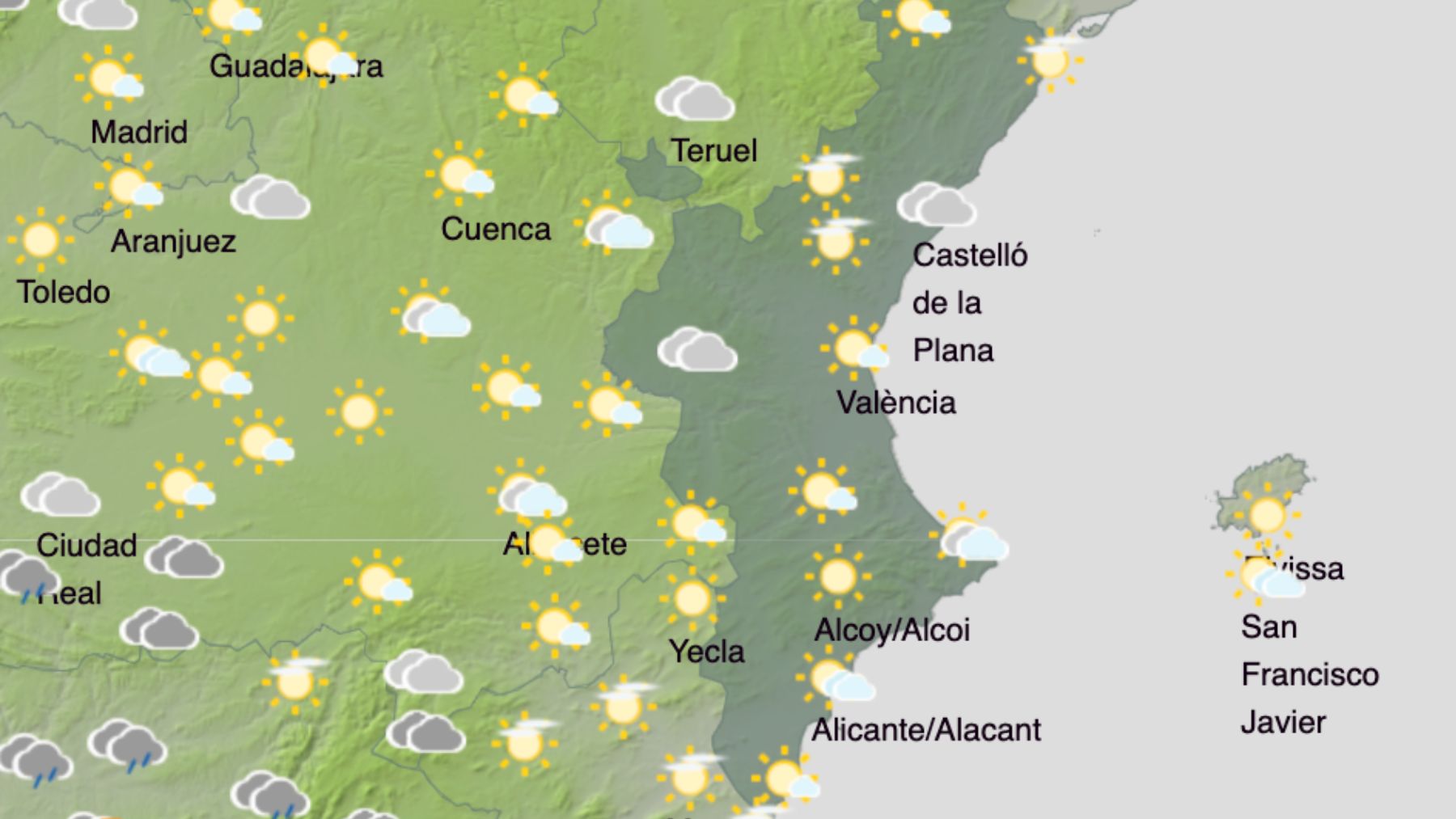 El mapa del tiempo en la Comunidad Valenciana. (Foto: AEMET)