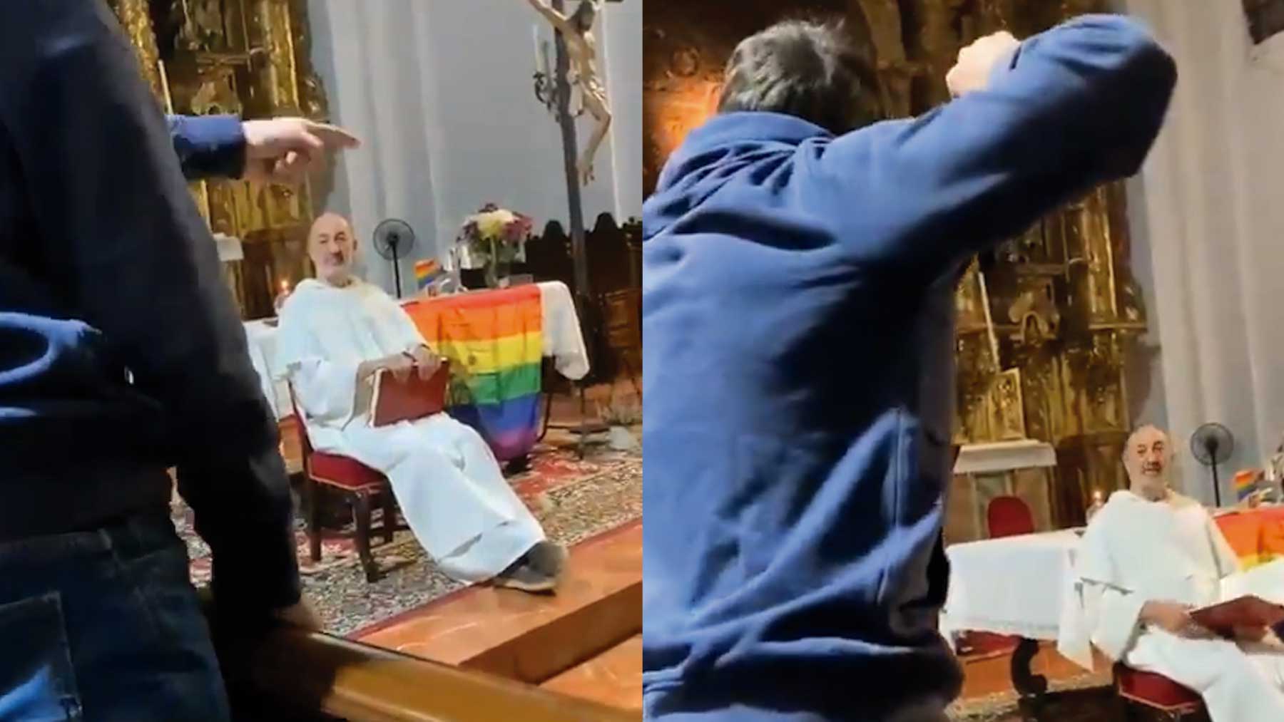 Increpan a un cura de Sevilla por dar misa con una bandera LGBTI en el altar: ¡Panda de traidores!