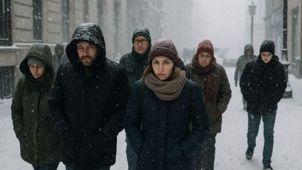 Gente paseando en un día de duro invierno. Generado por IA. 
