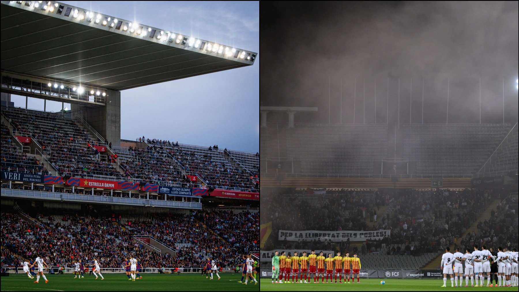 Imágenes del Clásico femenino a la izquierda y del Cataluña-Palestina a la derecha. (Getty)
