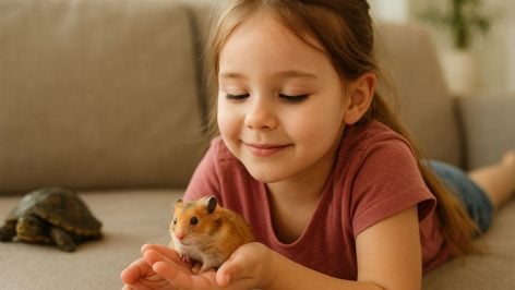 Recreación artística de una niña con un hámster y una tortuga.