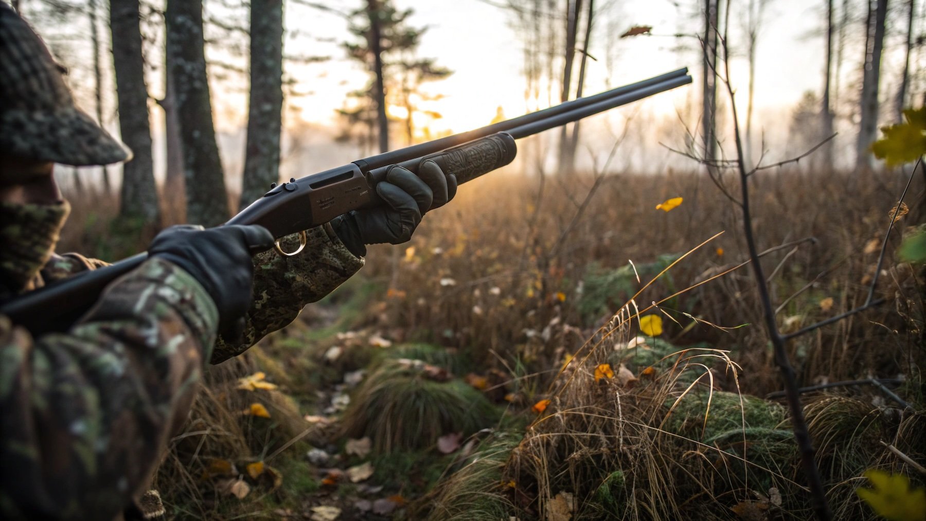 Detalle del equipo y las manos del cazador.