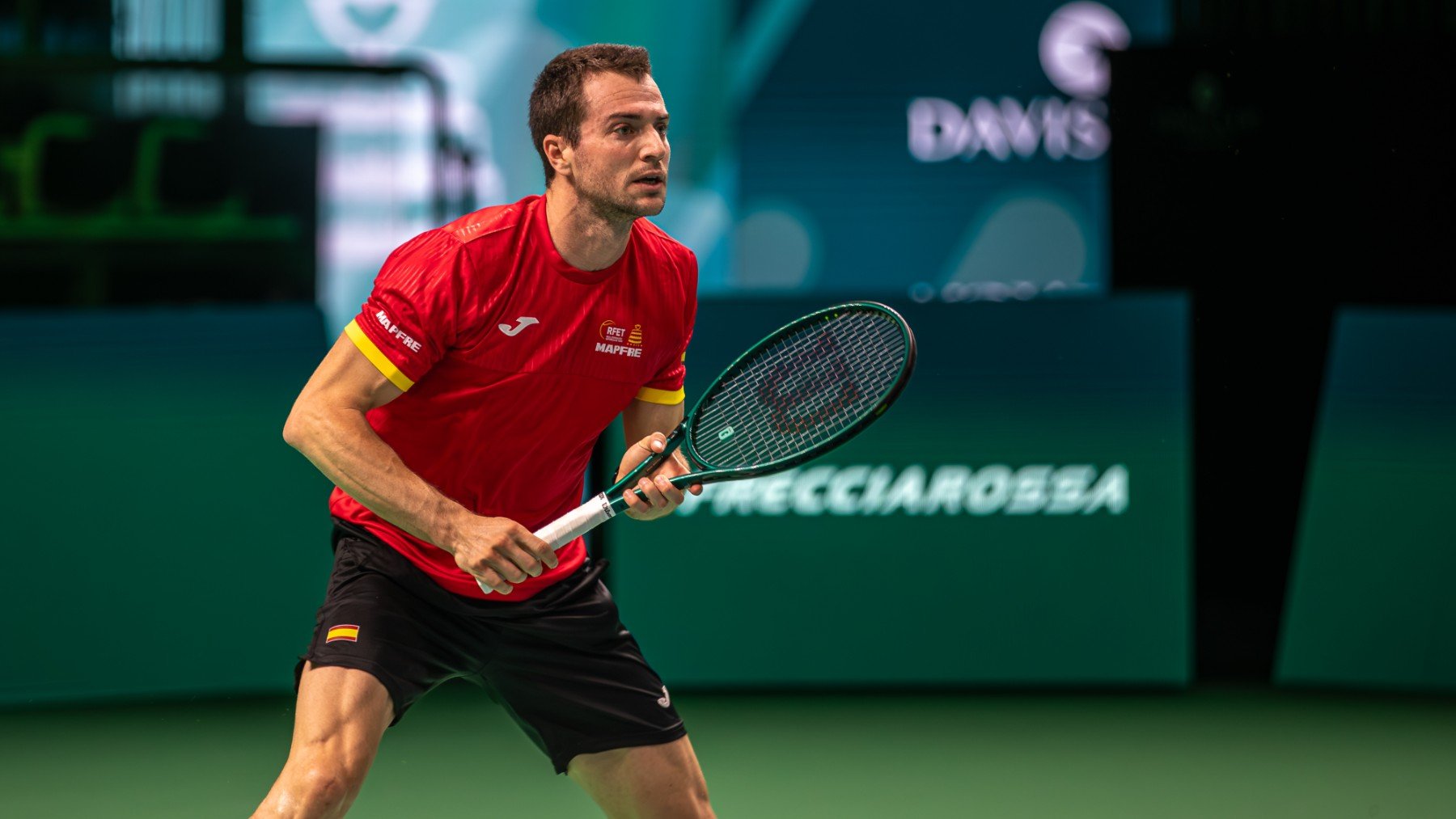 Pedro Martínez, tenista del equipo español de Copa Davis, durante un entrenamiento. (Pepo Ruiz/RFET)