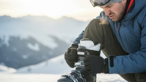 Un esquiador se ajusta las botas con los guantes.