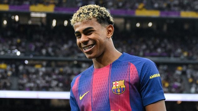 Lamine Yamal, antes de un partido del FC Barcelona. (Getty Images)