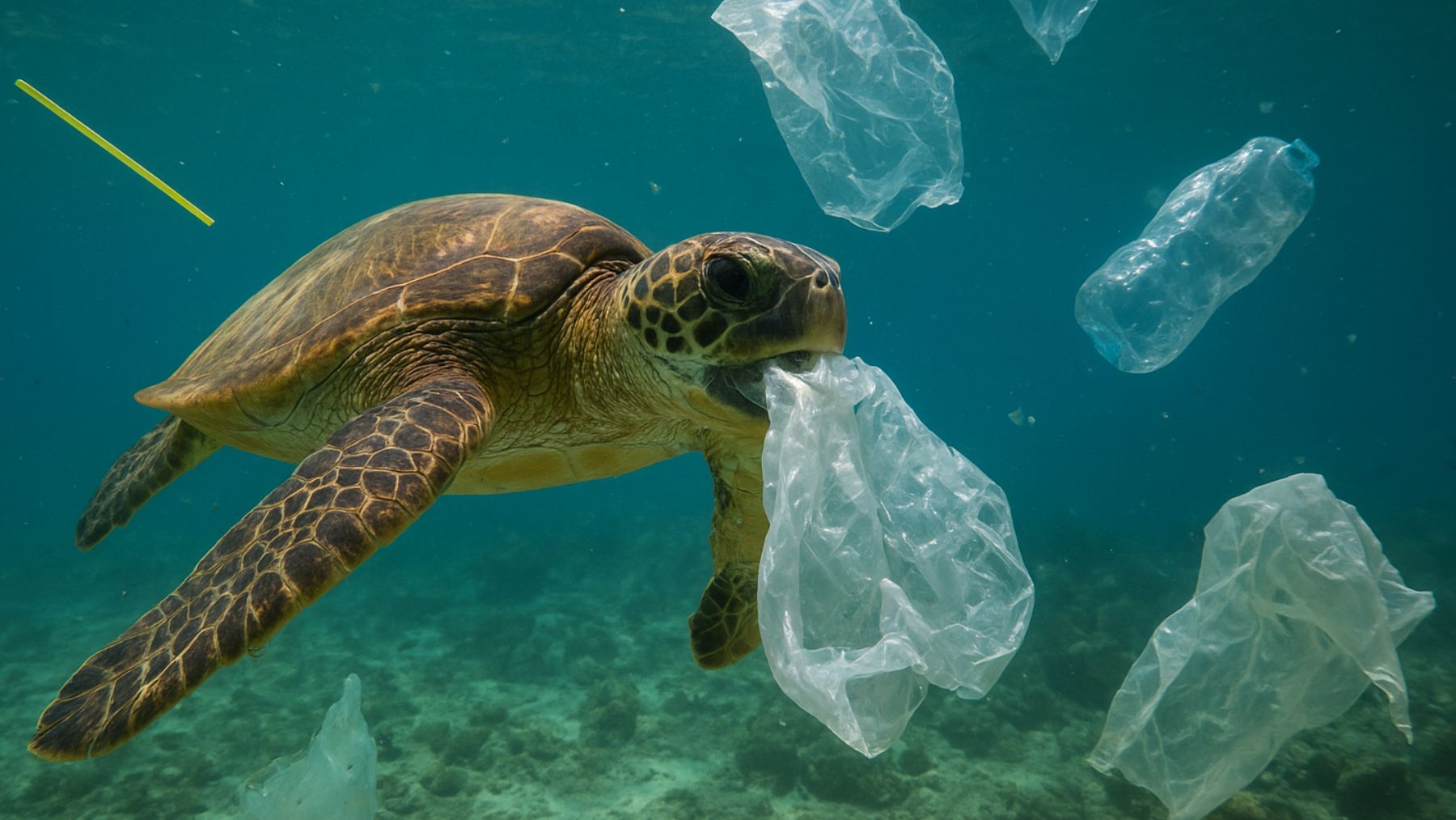 Recreación artística de una tortuga marina comiéndose un plástico.