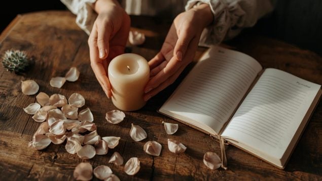 Manos colocando elementos simbólicos sobre una mesa en un entorno editorial