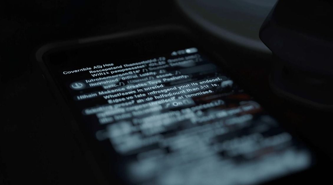 Pantalla de móvil desenfocada que simboliza mensajes engañosos sobre rituales amorosos