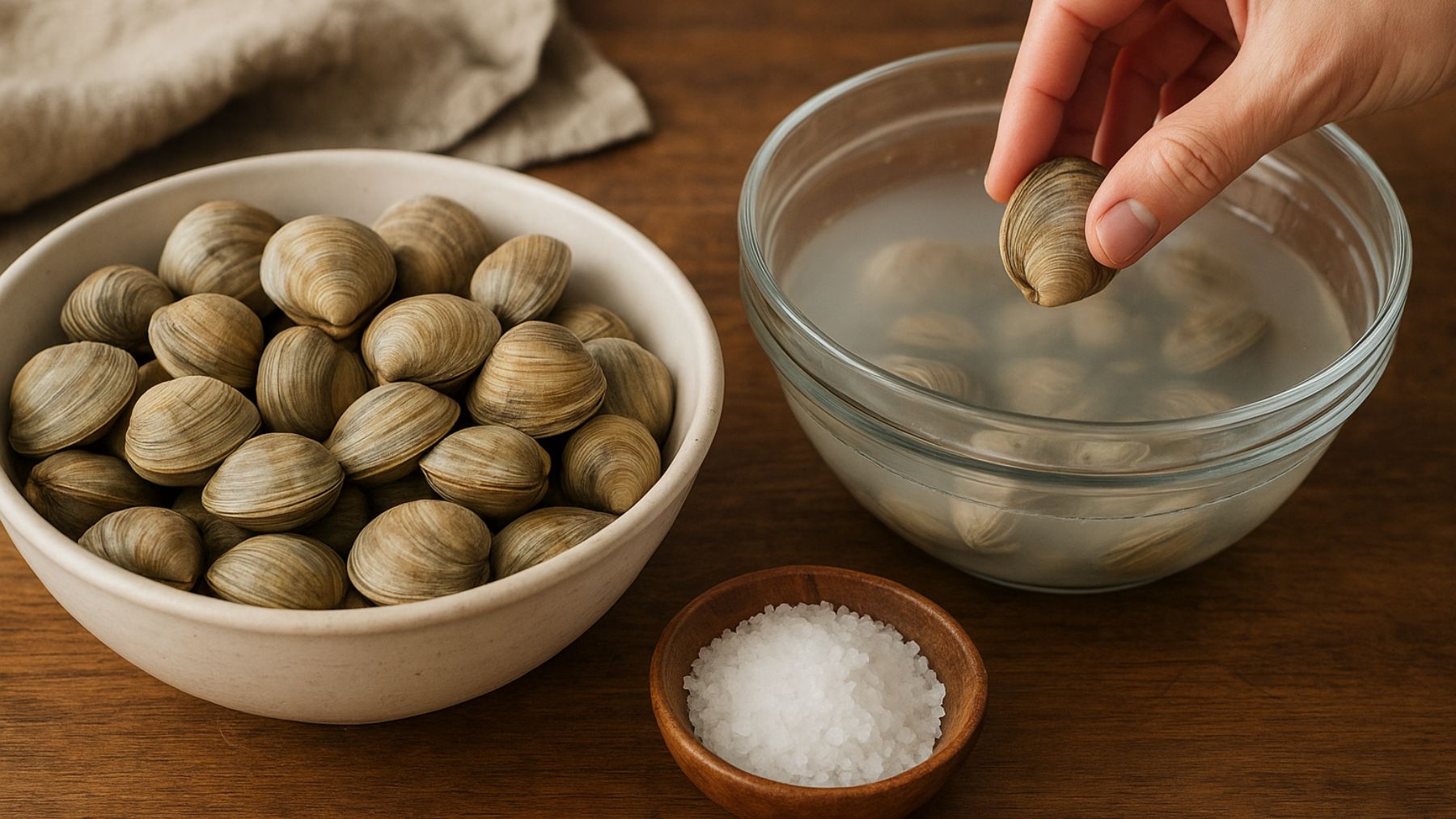 Recreación artística de una persona quitando la arena de las almejas.
