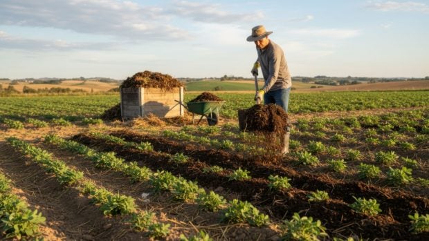 Compost esparcido uniformemente en campos de cultivo. Generado por IA. 
