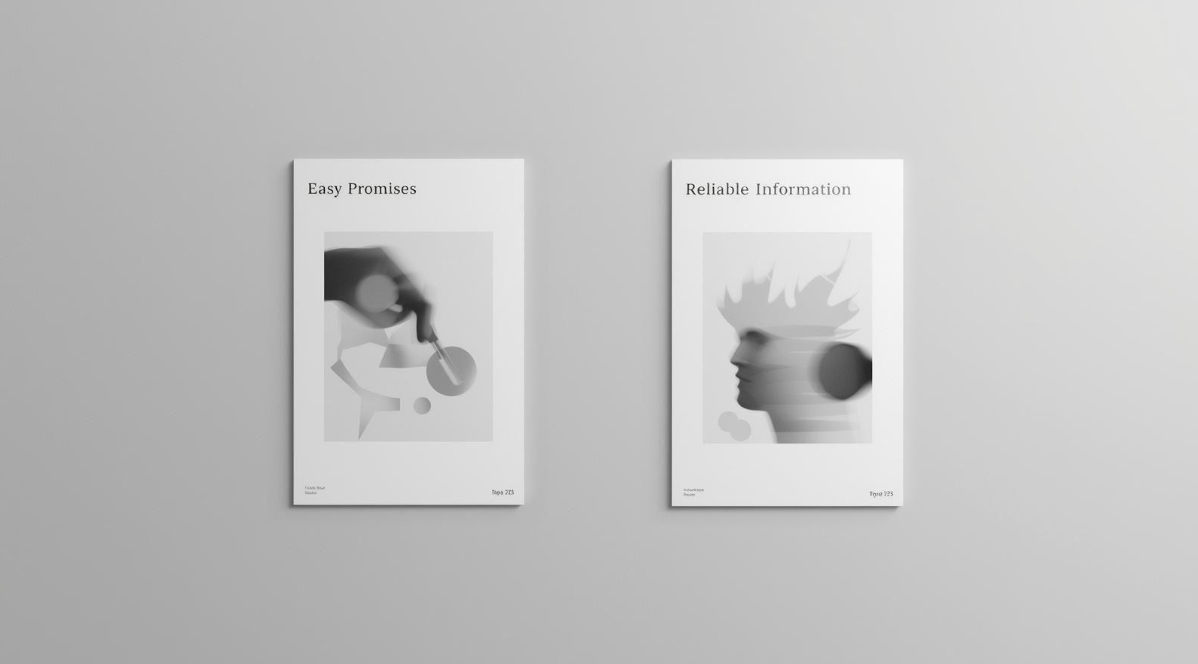 Dos documentos simbólicos comparando promesas fáciles frente a información fiable.